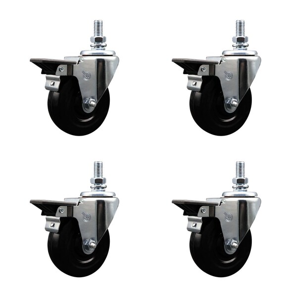 4 Inch Hard Rubber 12 Inch Threaded Stem Caster Set with Brake